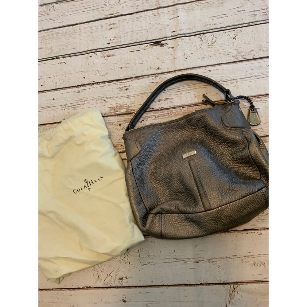 Cole Haan Metallic Pewter Pebbled Leather Hobo Shoulder Bag with Dust Bag